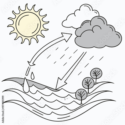 This illustration depicts the water cycle showcasing evaporation from the ocean cloud formation precipitation and collection high quality professional detailed modern elegant