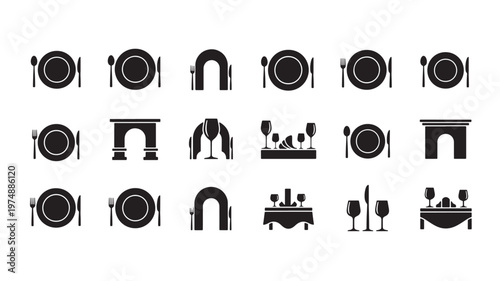 Minimalist black and white icons dining table setting and celebration elements