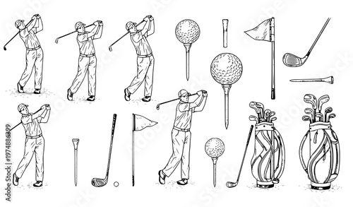 Hand drawn golf objects set with players clubs and balls sketch style vector illustration collection