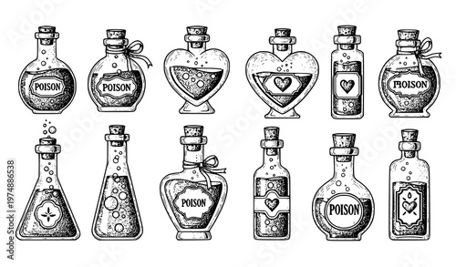Hand drawn potion bottles set with poison and love elixirs fantasy sketch vector illustration
Keywords