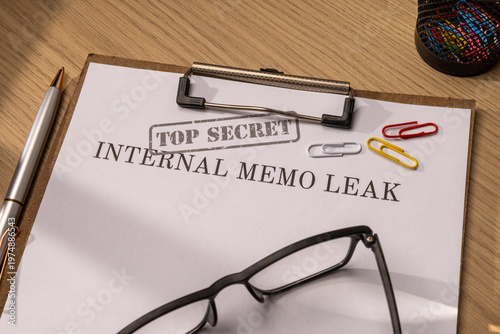  Top View of a Leaked Top Secret Internal Memo on a Clipboard with Glasses and Pen