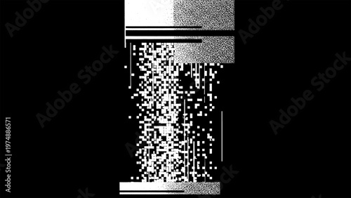 Fotografie Glitchy qr code on a black background with white pixels texture design isolated