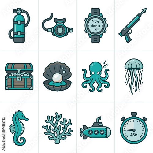Set of marine life and diving equipment icons for underwater exploration and ocean activities