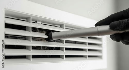 Cleaning air conditioning vent with professional vacuum tool for HVAC maintenance, technician using equipment for thorough dust removal and system efficiency. Essential for AC installation concept.
