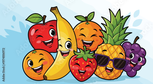 Cute Cartoon Fruits Set with Apple, Banana, Orange, Strawberry, Pineapple, and Grape for Food, Healthy Lifestyle, and Kids' Designs