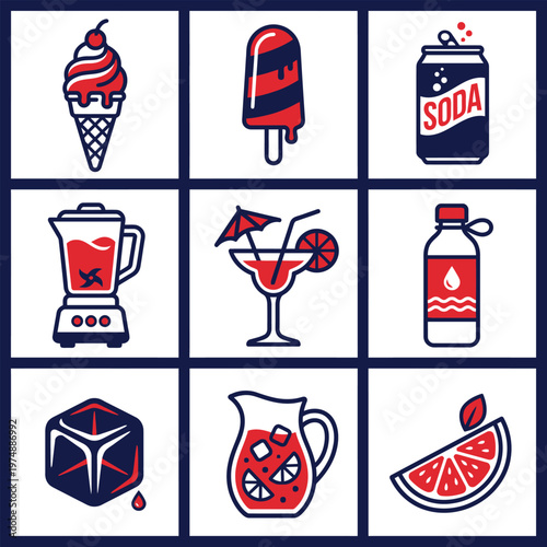 Collection of Summer Refreshment Icons Featuring Cold Treats, Beverages, and Slices of Fruit for a Cool and Invigorating Experience