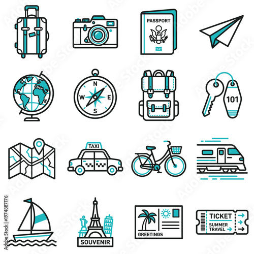 A collection of sixteen line art icons representing various aspects of travel and tourism, featuring common items and modes of transport in a teal and black style.
