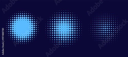 Halftone gradient. Dotted gradient, smooth dots spraying and halftones dot background seamless. Blue concentric ripple circles set. Sonar or sound wave rings collection.