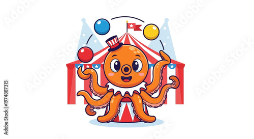 A cartoon octopus juggling balls at a circus.
