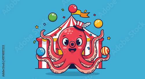A cheerful cartoon octopus at the circus.