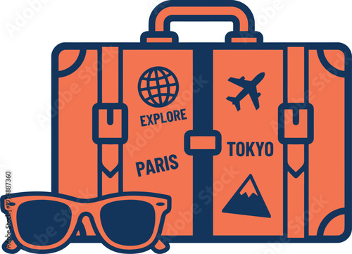 A modern flat illustration of a vintage suitcase adorned with travel stickers and a pair of sunglasses, evoking a sense of adventure and wanderlust