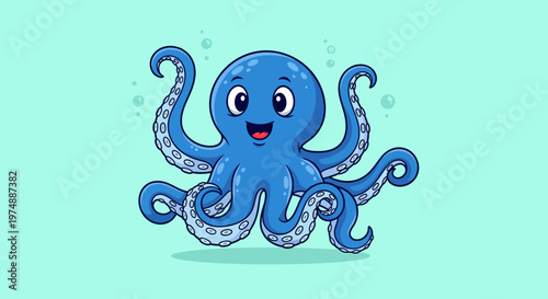 A cheerful blue cartoon octopus smiling.