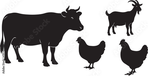 Black silhouettes of farm animals on white background illustration