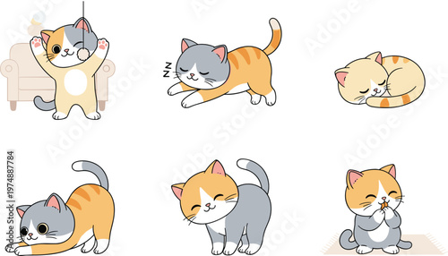 Cute Cartoon Cat Set with Various Poses, Sleeping, Stretching, and Playing for Animal, Pet, and Cat Lover Designs