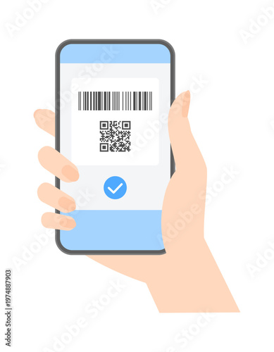 シンプルでおしゃれなバーコードとQRコードとチェックマークが表示中のスマートフォンを持つ女性の手