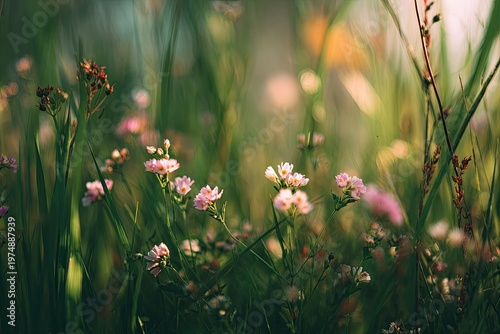 Soft focus meadow with tiny pink and white wildflowers