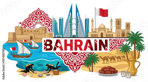 Bahrain travel collage featuring landmarks, culture, and nature