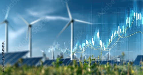 Renewable energy sources paired with stock market growth charts