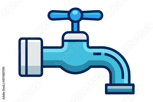 Minimalist blue water faucet vector graphic illustration featuring a simple handle design for modern plumbing and industrial repair project concepts