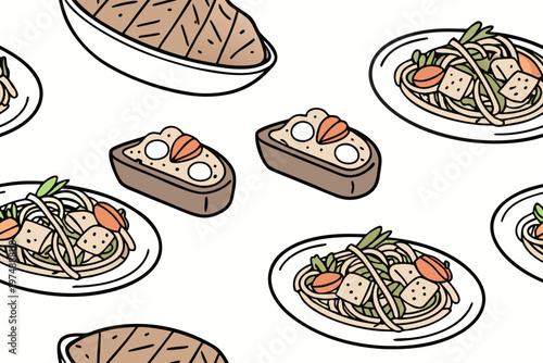A delightful vector illustration featuring a diverse collection of Asian-inspired dishes and delicious appetizers, perfect for food-themed designs and menus.