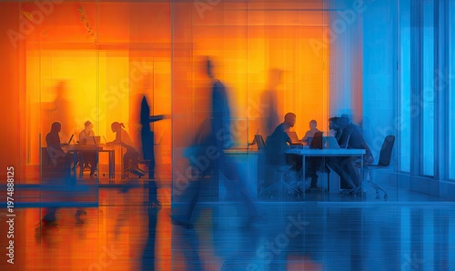 Blurred figures in a modern office with orange and blue lighting