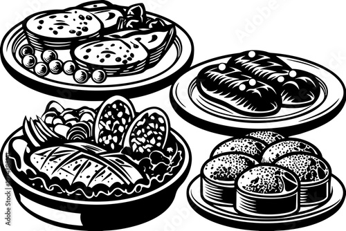 Detailed black and white vector illustration showing various appetizing food dishes served on multiple ceramic plates for culinary design projects