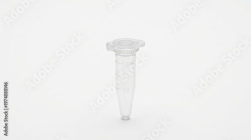 Single transparent plastic microcentrifuge tube with a hinged cap and clear volume markings