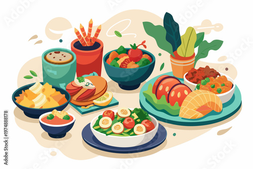 Vibrant vector illustration displaying a delicious array of healthy dishes and various meal options beautifully arranged for a festive graphic design.