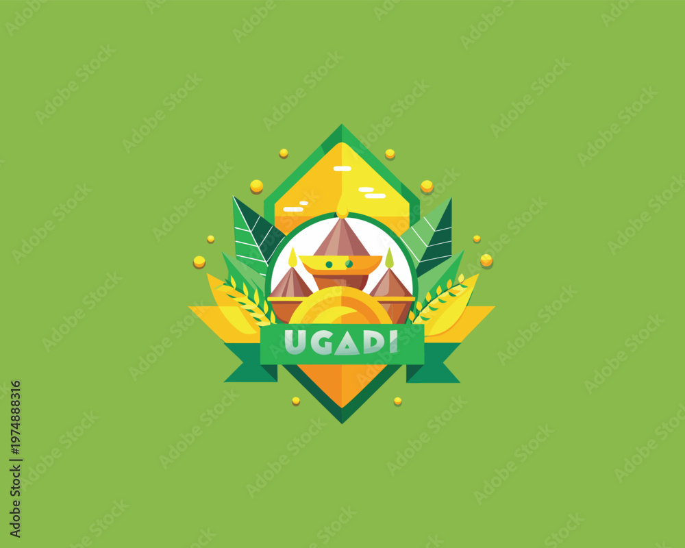 Fototapeta premium South Indian New Year Celebration Concept - Bold Geometric Vector Art of Ugadi Pachadi and Neem Flowers.
