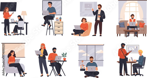 Cartoon Office Work Set with People Working on Laptops, Presenting, and Collaborating for Business, Remote Work, and Professional Designs