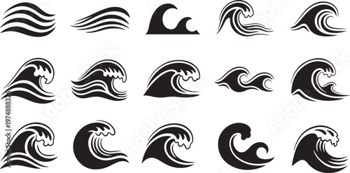 Collection of various wave icons in black and white