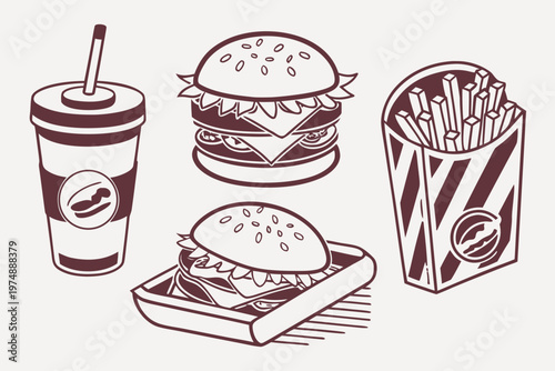 Classic fast food meal vector illustration featuring a delicious cheeseburger, crispy french fries, and a refreshing soda drink.