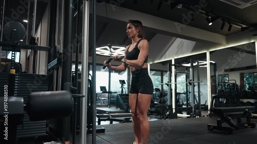 Athletic woman performing a cable triceps extension exercise in a modern gym. The movement targets the triceps muscles of the upper arms, helping to build strength, muscle definition, and arm