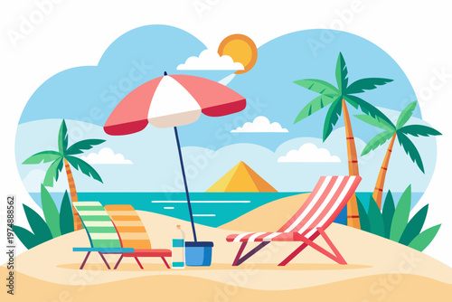 Colorful vector illustration of lounge chairs and a beach umbrella sitting peacefully on the sand near the blue ocean water
