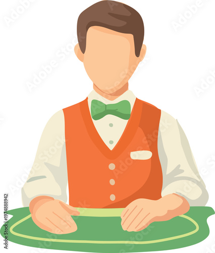 A flat minimalist vector illustration of a casino dealer standing behind a table, wearing a vest and bow tie.