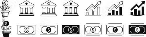 Set of financial icons including money tree in pot, bank building, and growing bar charts with upward arrows, depicting finance and banking concepts.