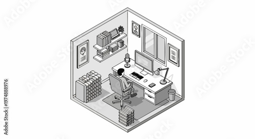 Isometric Line Art Illustration of a Professional Home Office Workspace for Podcast Recording and Content Creation