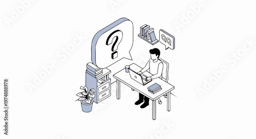 Isometric Illustration of a Man Working on Laptop with Large Question Mark Bubble, FAQ Help and Customer Support Concept