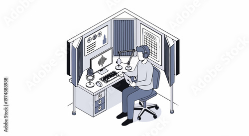 Isometric Illustration of a Content Creator Recording a Podcast or Voiceover in a Professional Home Studio Setup
