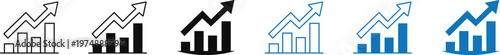 Set of growing bar chart icons with upward arrows in black outline, solid black, and blue solid colors, symbolizing financial and economic growth.