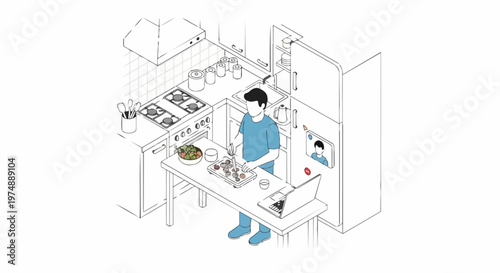 Isometric Illustration of a Man Preparing Food in a Modern Kitchen While Following an Online Cooking Class or Video Calling via Laptop and Smart Fridge