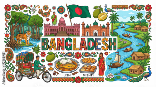 Vibrant illustration showcasing the rich culture and landmarks of Bangladesh
