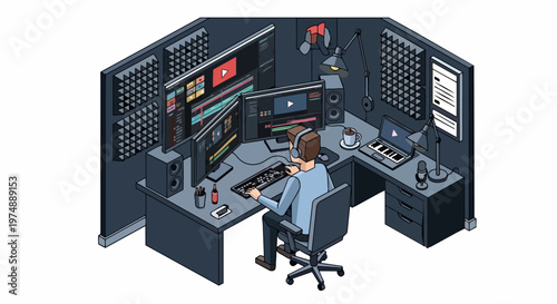 Isometric Professional Video Editing Studio and Content Creator Workstation Illustration with Triple Monitor Setup and Audio Equipment