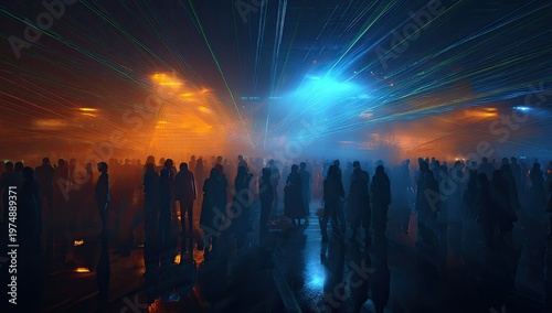 Crowd illuminated by vibrant, smoky laser light show