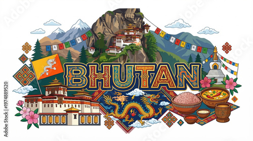 Bhutan travel collage featuring landmarks, culture, and people