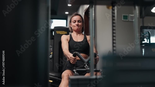 Athletic woman performing a seated cable row exercise in a modern gym, focusing on strengthening the back muscles. The movement targets the upper and middle back, shoulders, and core, helping to