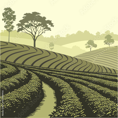 A stylized illustration depicts rolling green hills and cultivated fields showcasing a peaceful rural landscape under a soft hazy sky high quality