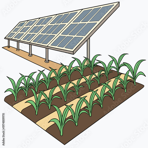 An illustration depicts solar panels positioned above a cultivated field showcasing a synergy between renewable energy and agriculture high quality professional detailed