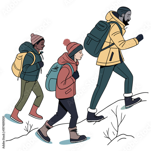A colorful illustration depicts three people hiking through a winter landscape bundled in warm clothing against the cold high quality professional detailed