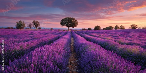Rows of purple flowers stretch toward trees under a pink sunset